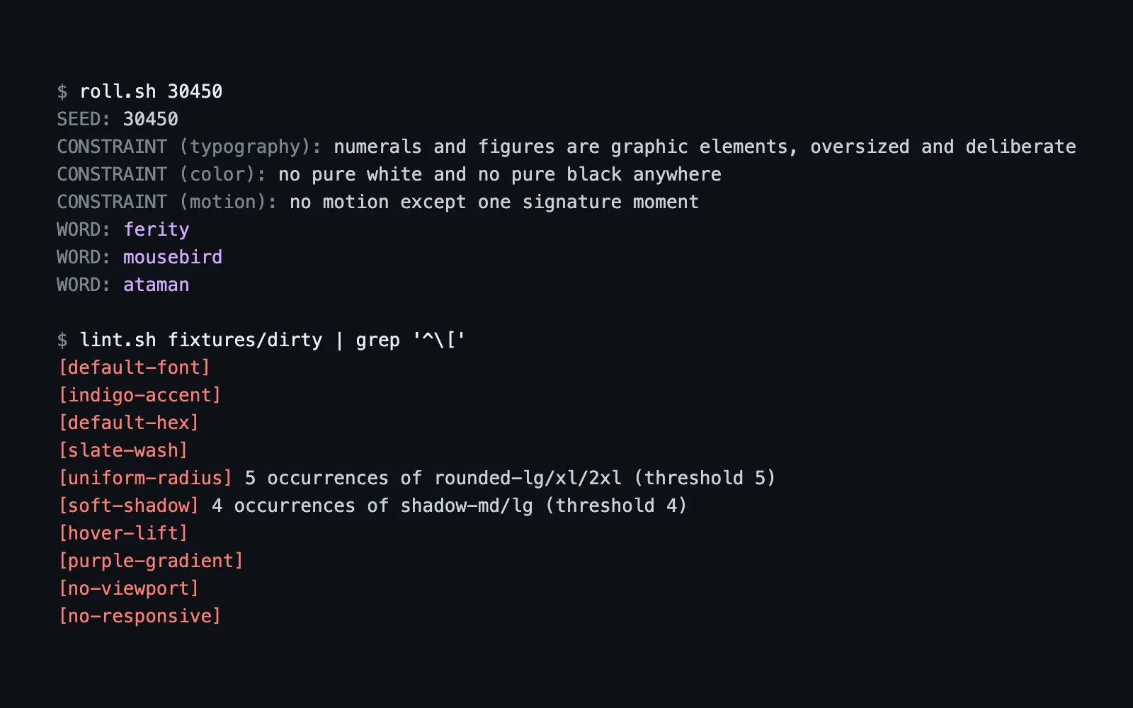 A seeded roll of design constraints, and the lint checks that fire on a page with the default AI look